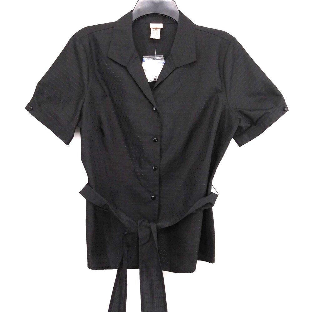 Covington Blouse Womens Large Black Collared Short Sleeve Belted Button Up NWT